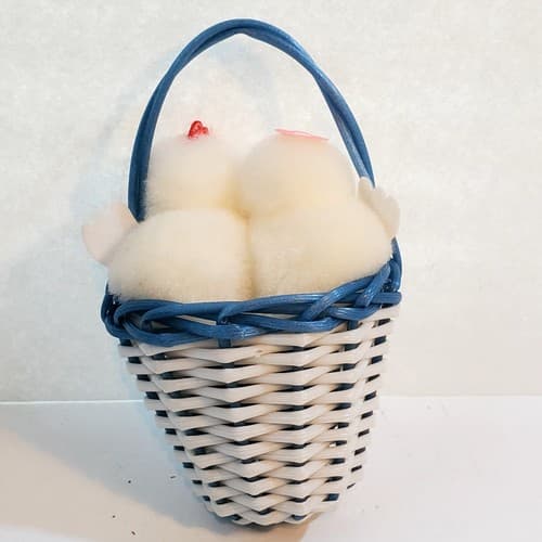 Vtg Mini Pom Pom Chicks Chickens in Nylon Weaved Easter Basket Blue White Decor - Thumbnail 3