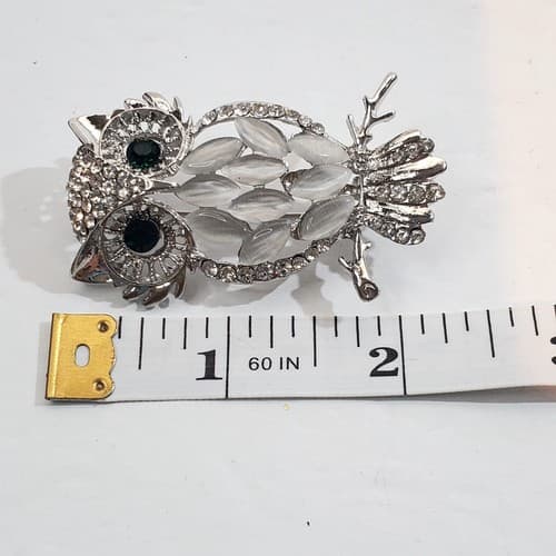 Silver Tone Metal Marquis Shaped Acrylic Enamel Clear Rhinestones Owl Brooch Pin - Thumbnail 4