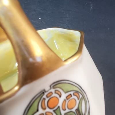 Vintage Record Germany Porcelain Basket Luster Gold Green Art Deco Offset Handle - Thumbnail 6