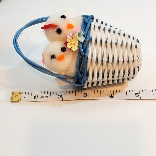 Vtg Mini Pom Pom Chicks Chickens in Nylon Weaved Easter Basket Blue White Decor - Thumbnail 5