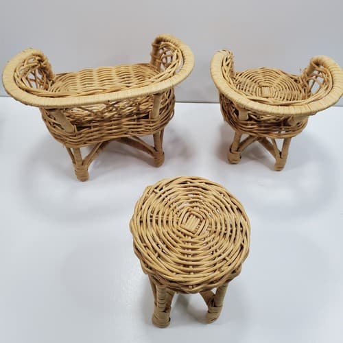 Vintage Doll Furniture Wicker Rattan Patio Set Sofa Chair (FLAW) Table Lot of 3 - Thumbnail 8