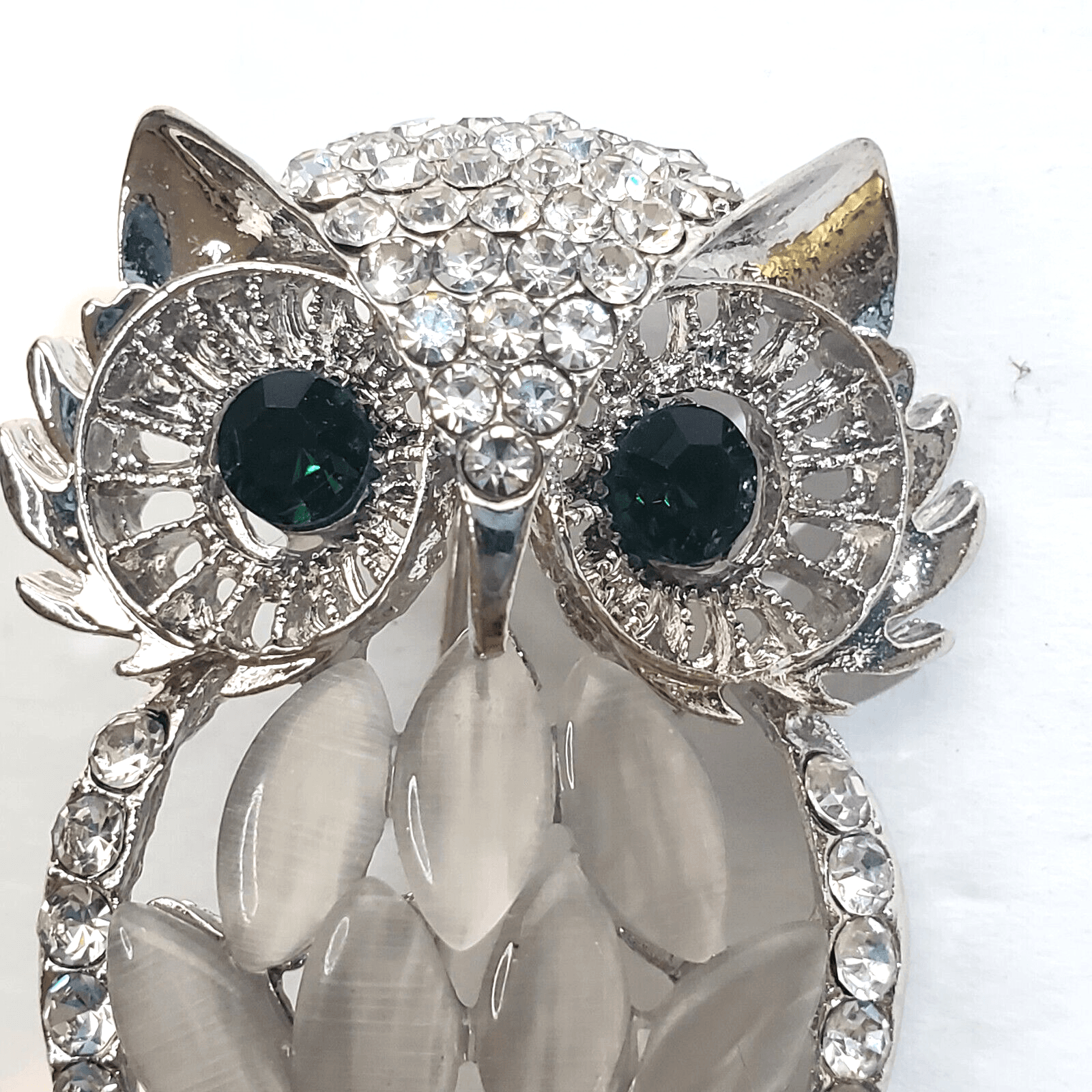 Silver Tone Metal Marquis Shaped Acrylic Enamel Clear Rhinestones Owl Brooch Pin - Thumbnail 2
