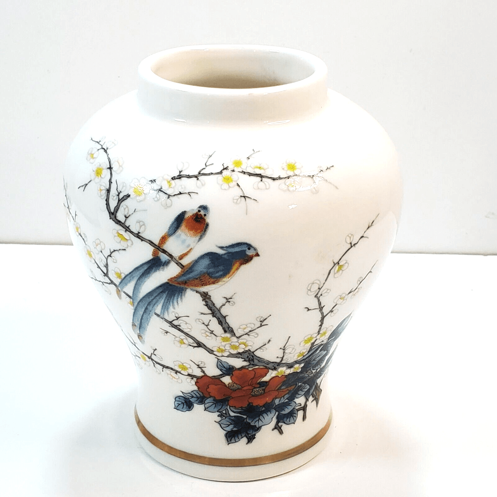 Vintage Jay Fine China Japan Two Birds In Cherry Tree 6in Tall Ginger Jar Vase