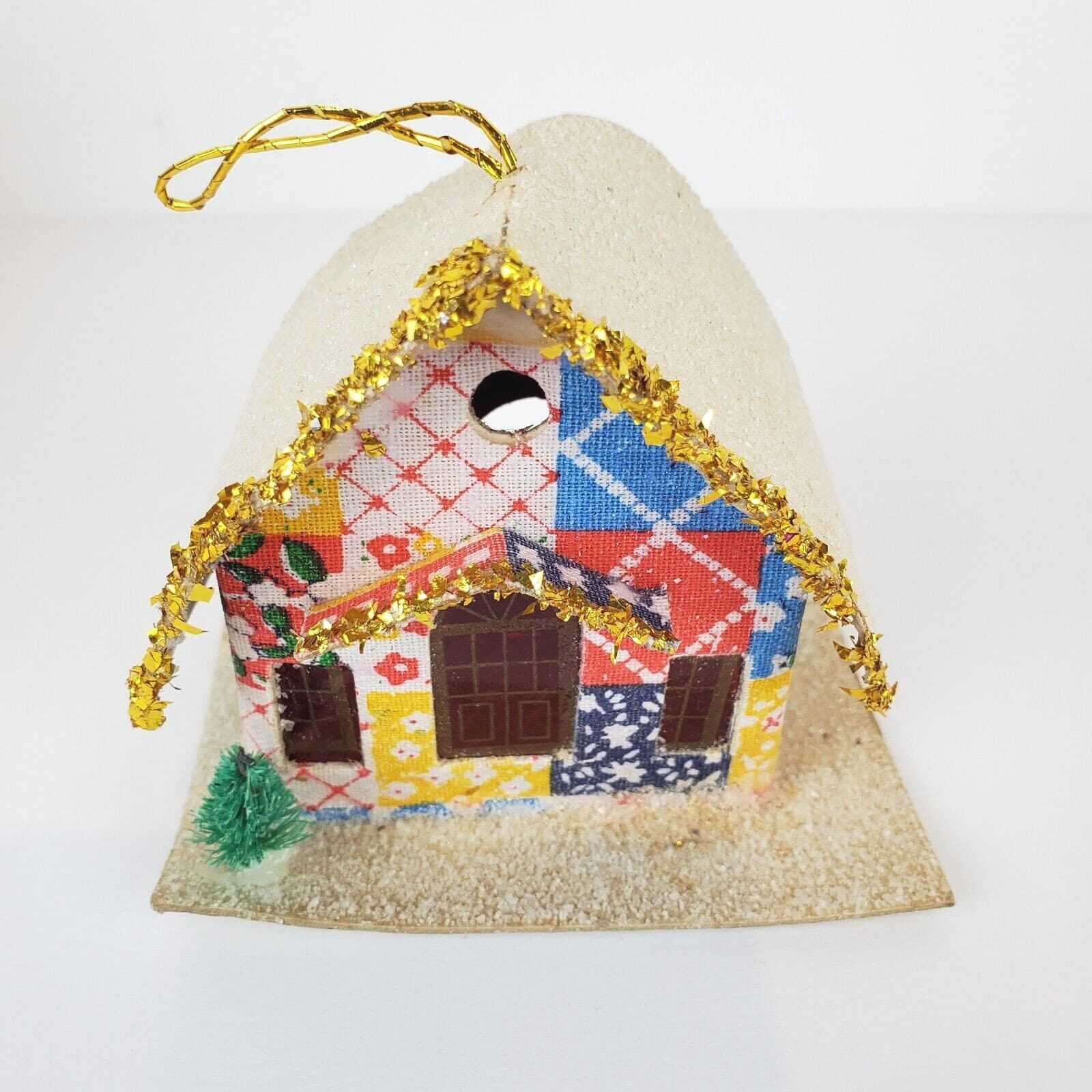 Vintage Putz Style Christmas House Colorful Tree Ornament Gold Garland Trim