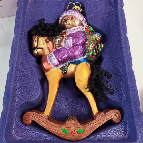 Peggy Abrams Teddy Bear On Rocking Horse Mouth Blown Glass Christmas Ornament