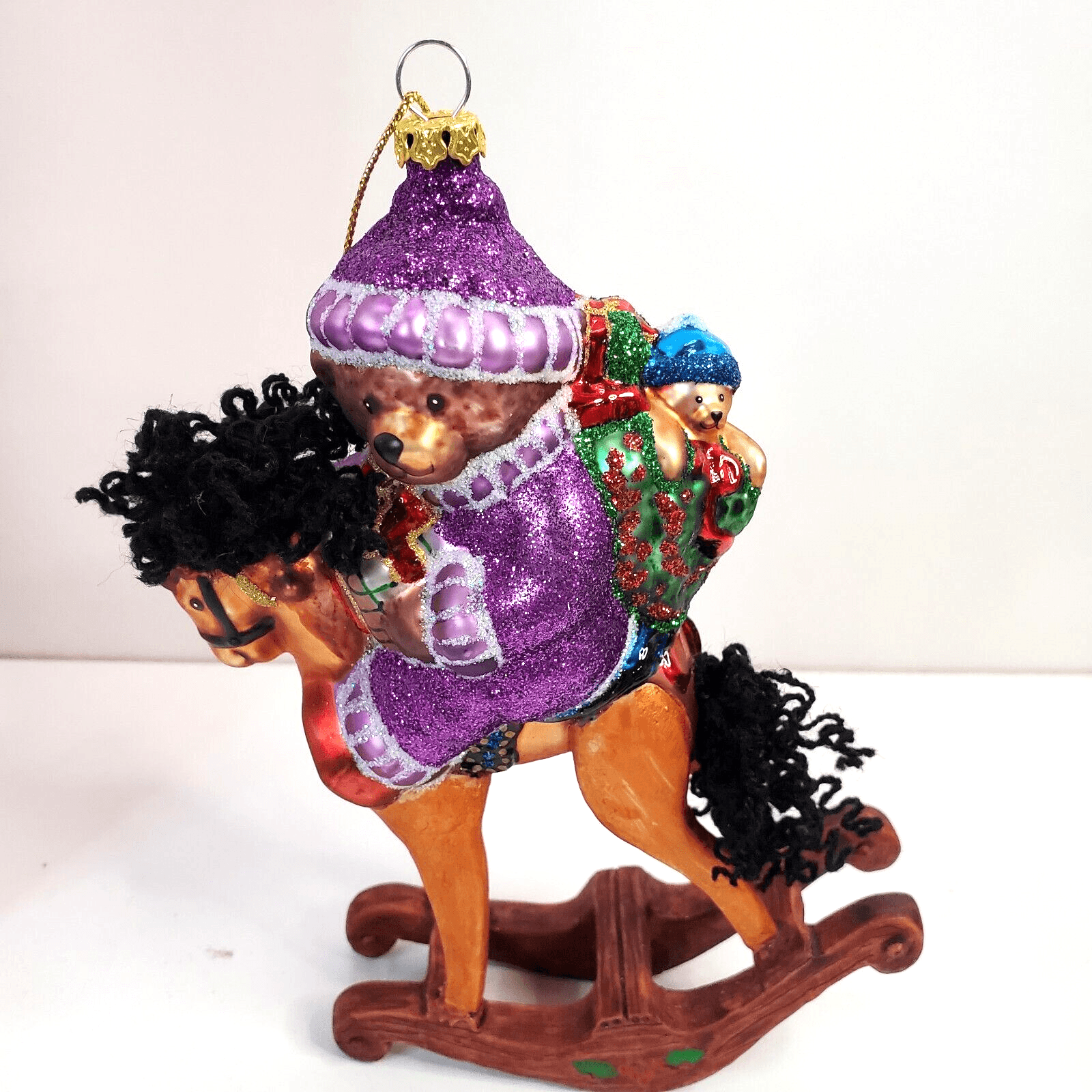 Peggy Abrams Teddy Bear On Rocking Horse Mouth Blown Glass Christmas Ornament - Thumbnail 2