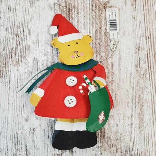 Dansk Painted Metal Lady Girl Santa Bear Ornament Stocking Candy Canes Scarf Hat