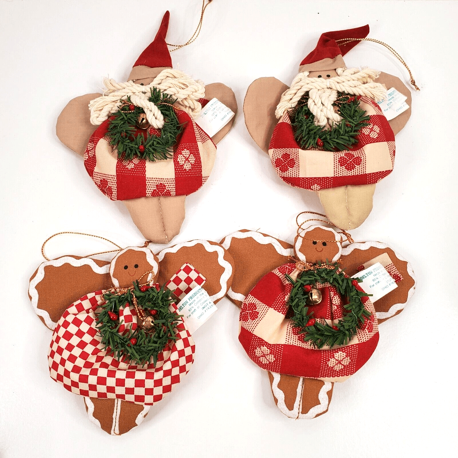 4 Delton Products Fabric Santa Gingerbread Christmas Ornament Made in Philippnes