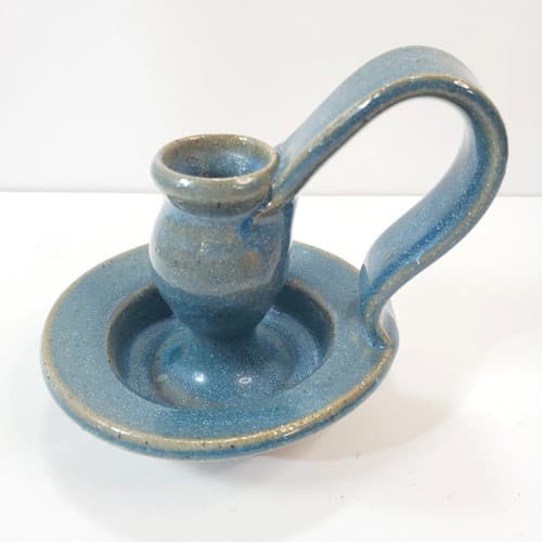 Vintage Blue Studio Art Pottery Stoneware Taper Candlestick Holder Artist Signed
