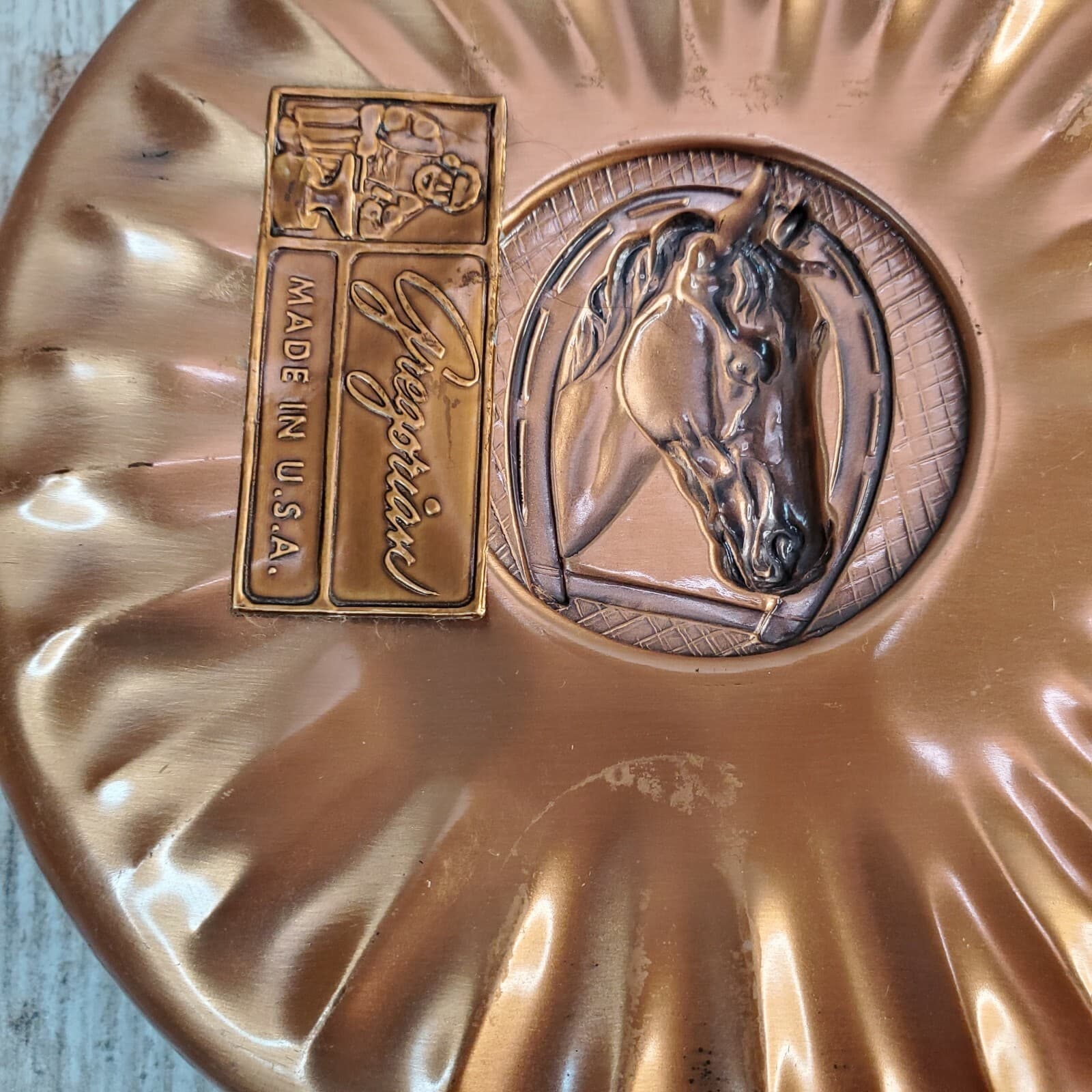 2 Vintage Gregorian Solid Copper Hand Hammered Ashtray Horse Head USA - Thumbnail 5