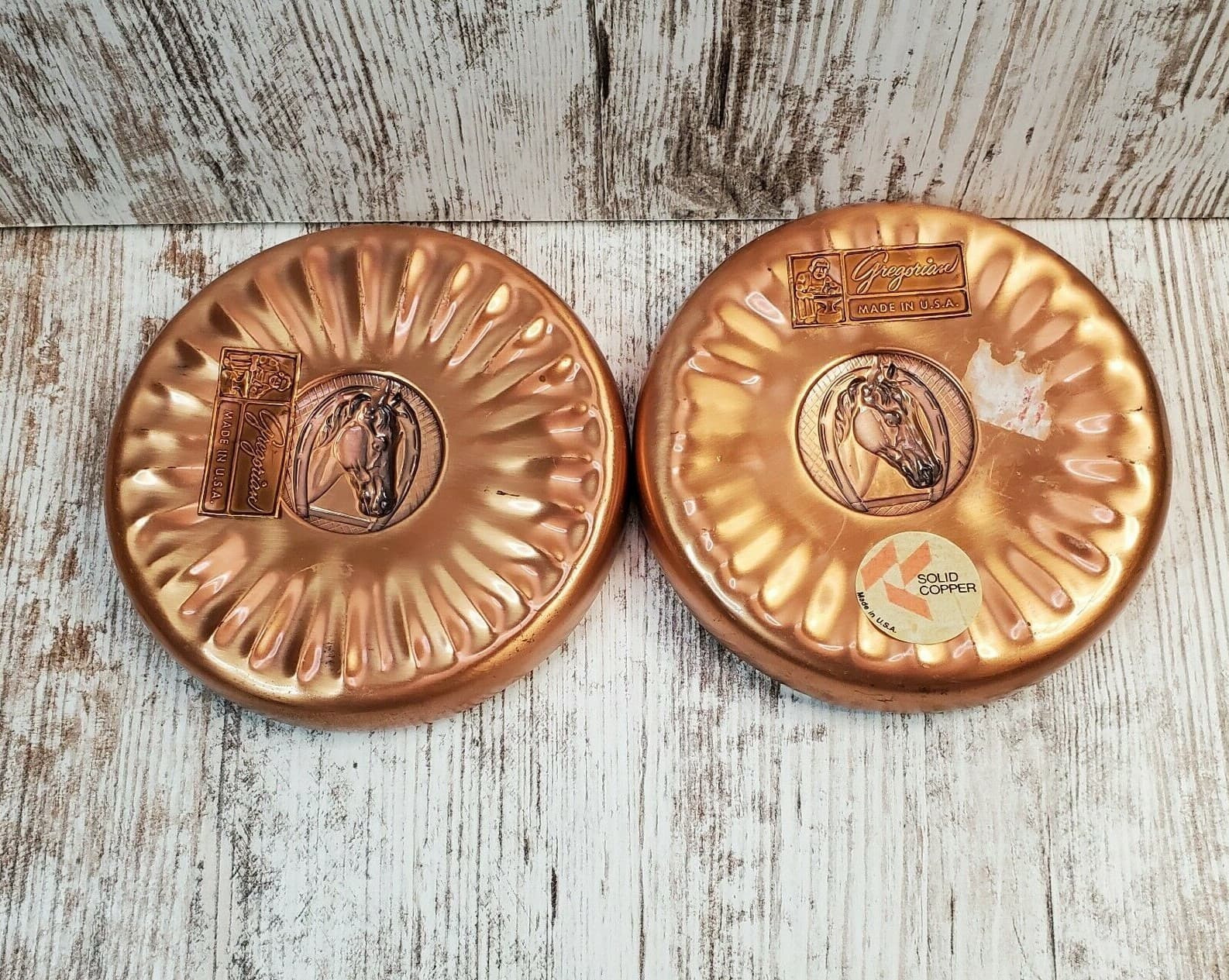 2 Vintage Gregorian Solid Copper Hand Hammered Ashtray Horse Head USA - Thumbnail 4