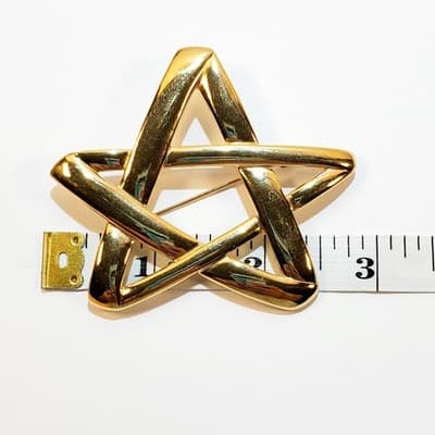 Vintage Signed MONET Shiny Gold Tone Offset Large Star Brooch pin Statement - Thumbnail 4