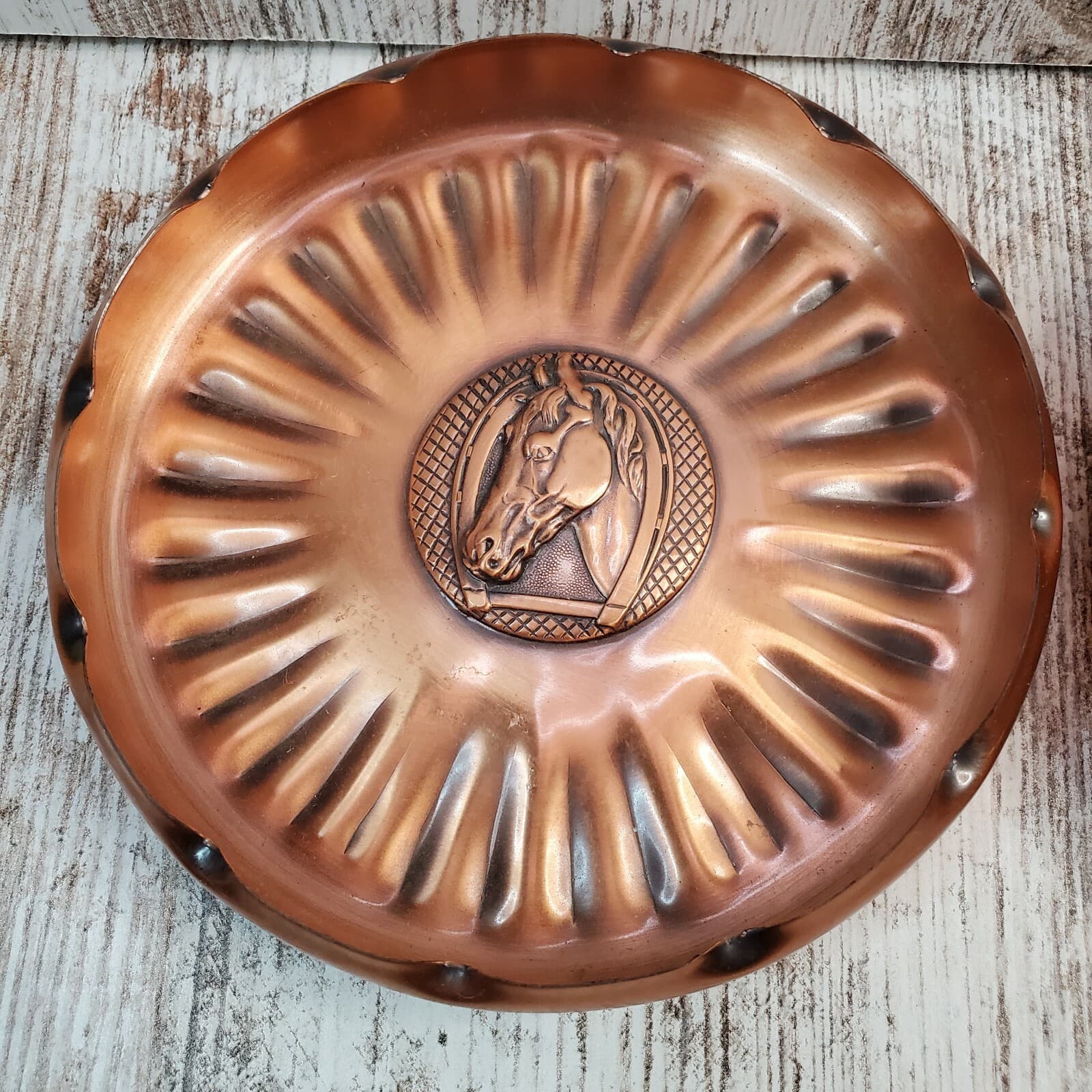 2 Vintage Gregorian Solid Copper Hand Hammered Ashtray Horse Head USA - Thumbnail 2
