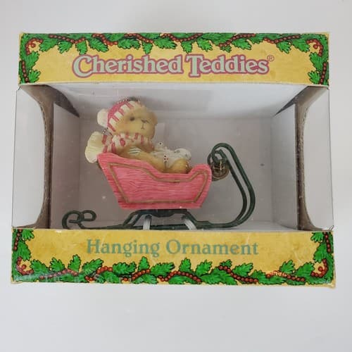 1995 Enesco Cherished Teddies Resin Bear in a Sleigh Sled Hanging Ornament
