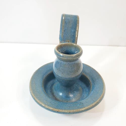Vintage Blue Studio Art Pottery Stoneware Taper Candlestick Holder Artist Signed - Thumbnail 2