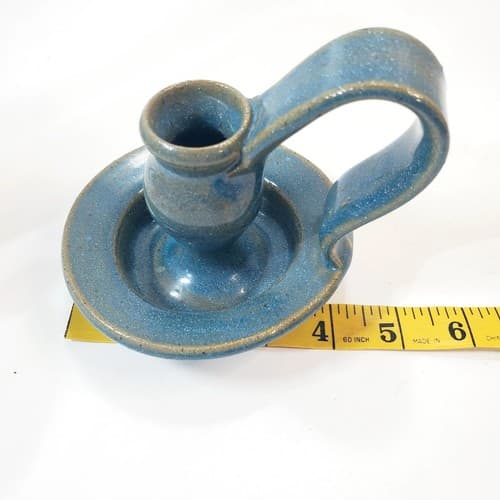 Vintage Blue Studio Art Pottery Stoneware Taper Candlestick Holder Artist Signed - Thumbnail 7