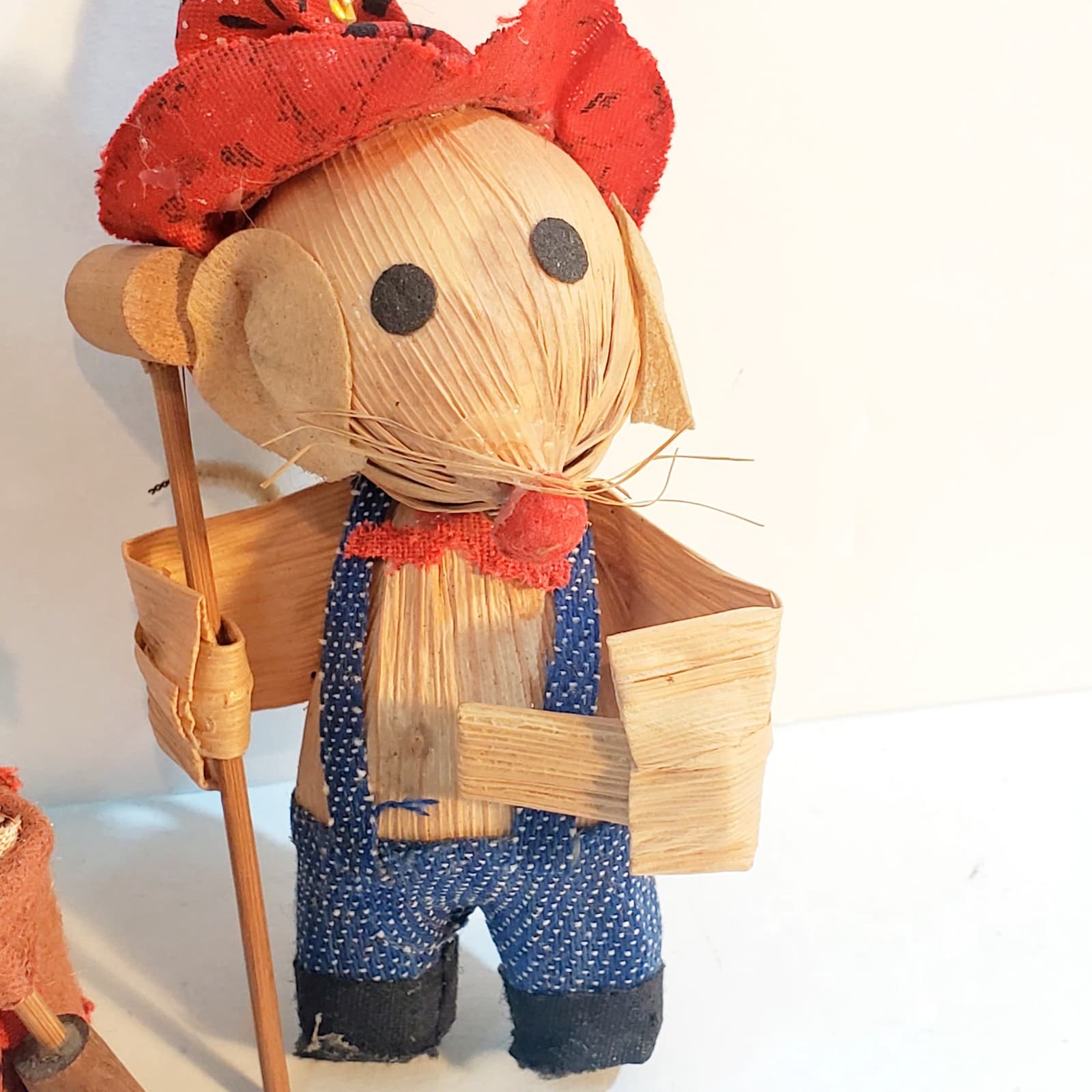 2 Vintage Corn Husk Burlap Cloth Handmade Mouse and Girl Figurine Doll Ornament - Thumbnail 3