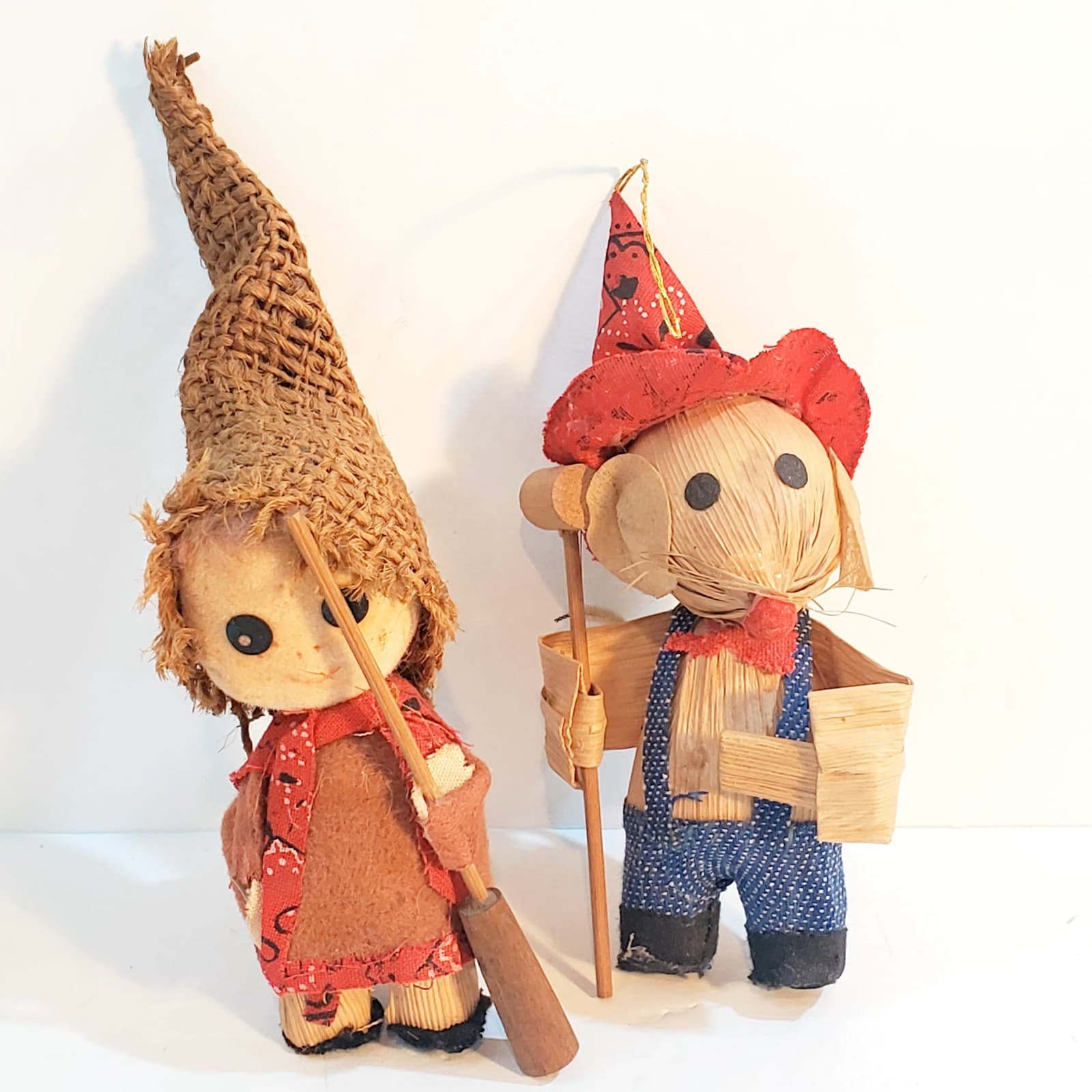 2 Vintage Corn Husk Burlap Cloth Handmade Mouse and Girl Figurine Doll Ornament