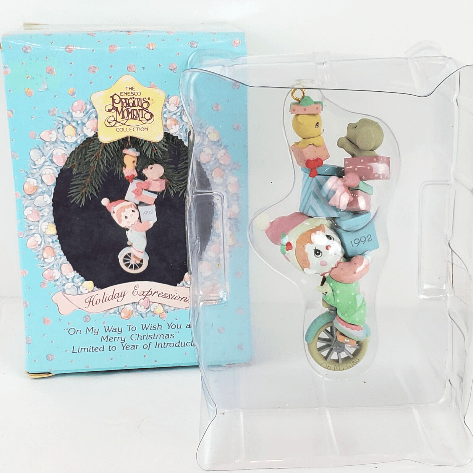 Vintage 1992 Precious Moments On My Way to Wish You a Merry Christmas Ornament