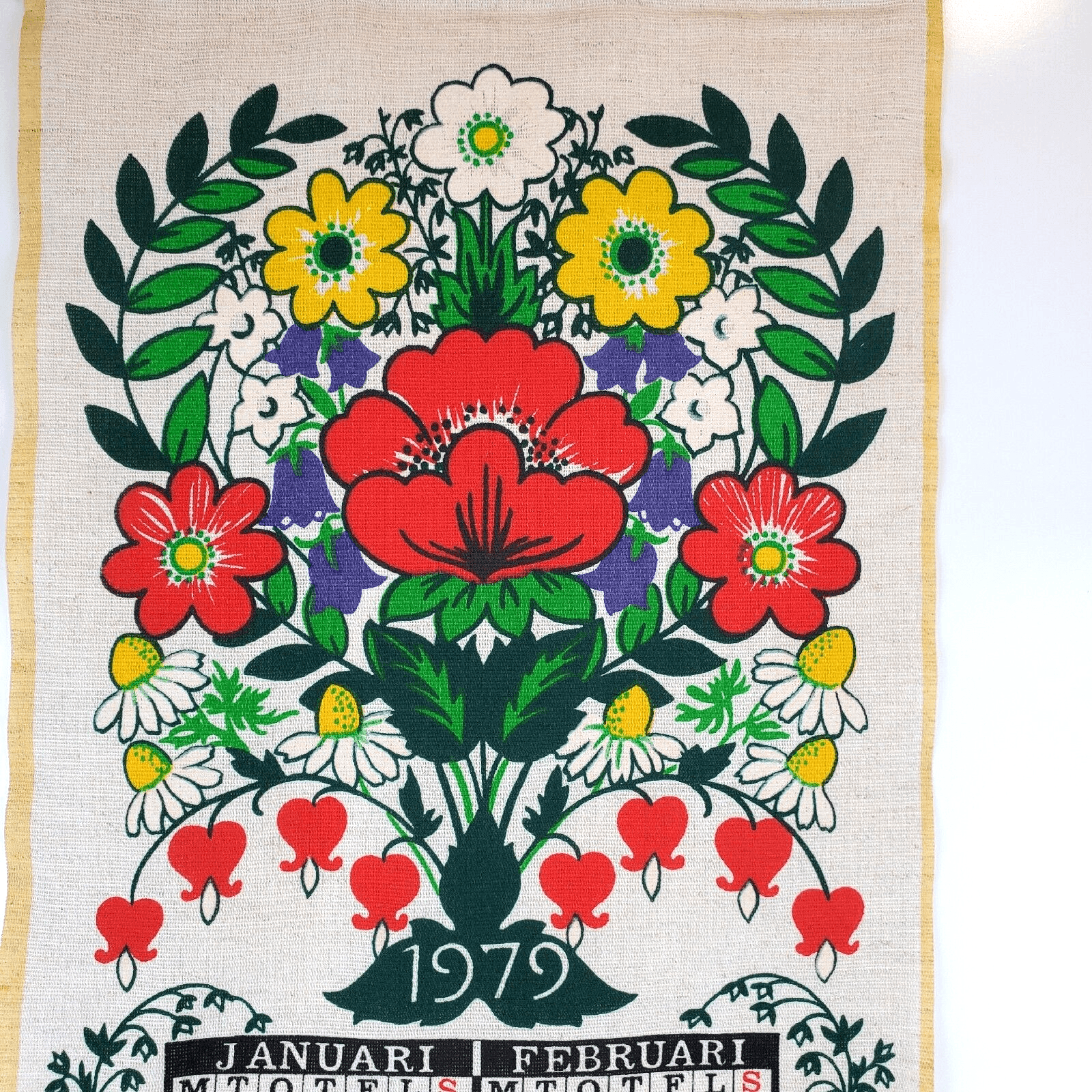 Vintage Swedish Calendar Almedahls 1979 Linen w/ Wood Wall Hanging Flowers - Thumbnail 2