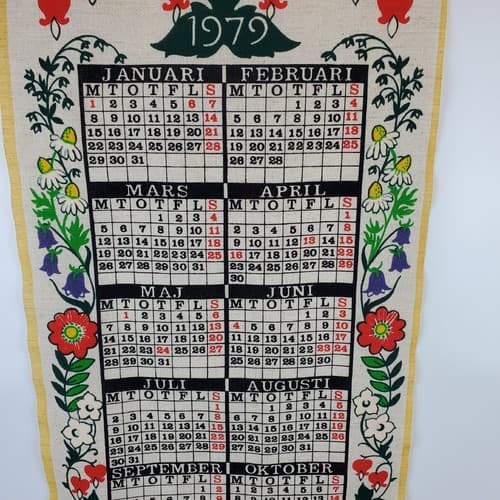 Vintage Swedish Calendar Almedahls 1979 Linen w/ Wood Wall Hanging Flowers - Thumbnail 3