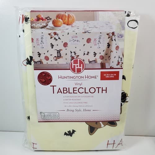 Huntington Home Halloween Black Cream Orange Dog Bats 60" x 84" Vinyl Tablecloth
