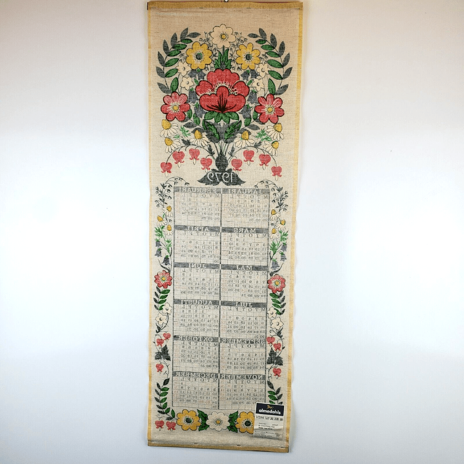 Vintage Swedish Calendar Almedahls 1979 Linen w/ Wood Wall Hanging Flowers - Thumbnail 7
