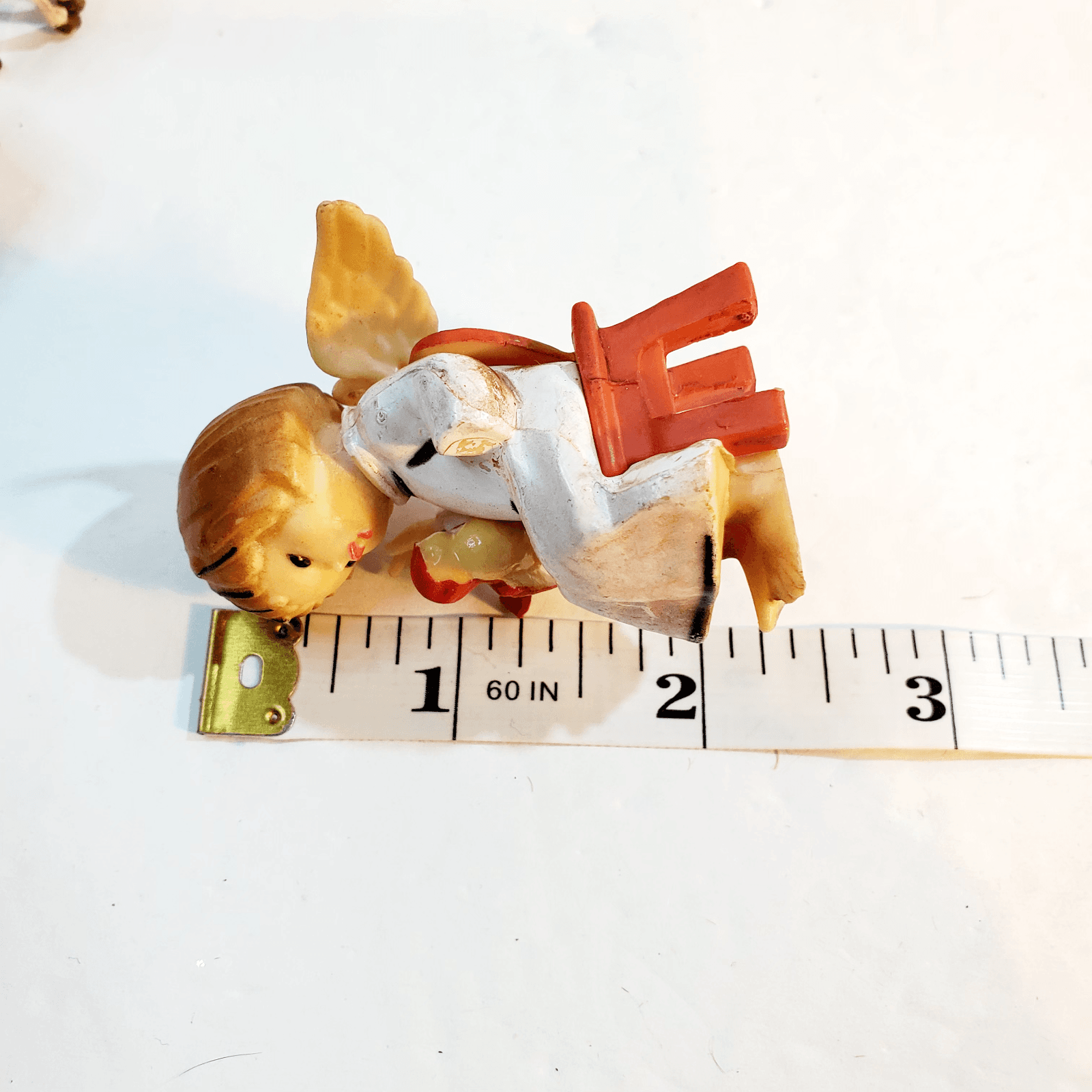 Vintage Plastic Angel Sitting and Holding Red Bird Ornament MCM 2.25" Tall - Thumbnail 5