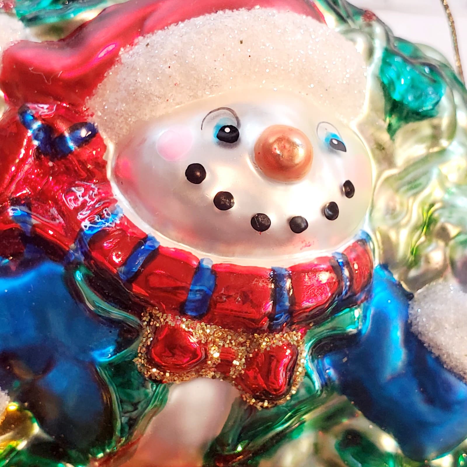 Vintage Blown Glass Snowman Jumping Through a Wreath Christmas Ornament - Thumbnail 2
