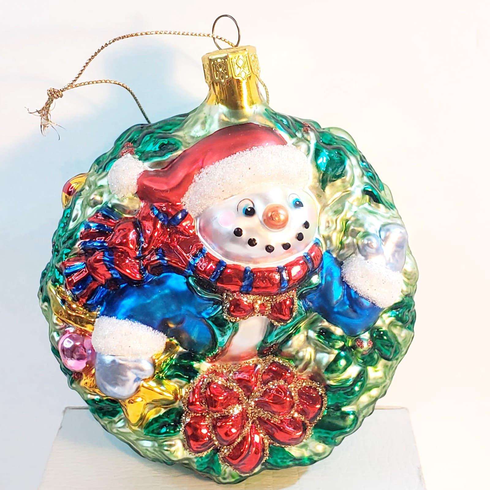 Vintage Blown Glass Snowman Jumping Through a Wreath Christmas Ornament