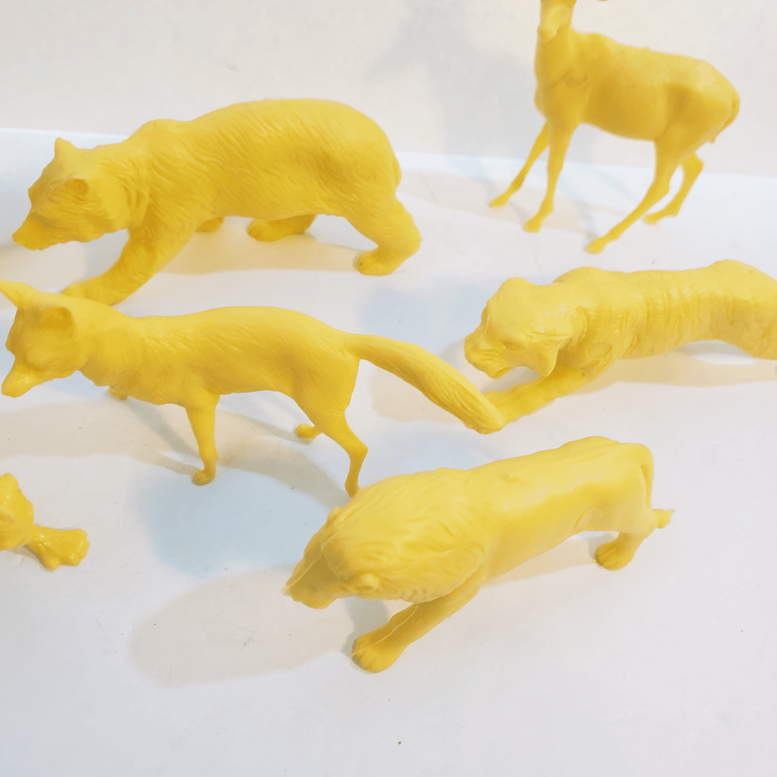 Lot of 7 Yellow Hard Molded Plastic Wild Animals Lion Monkey Fox Bear Hippo Deer - Thumbnail 3