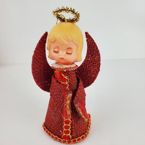 Vintage Plastic Angel Head Ornament with Burlap Dress & Wings Hong Kong