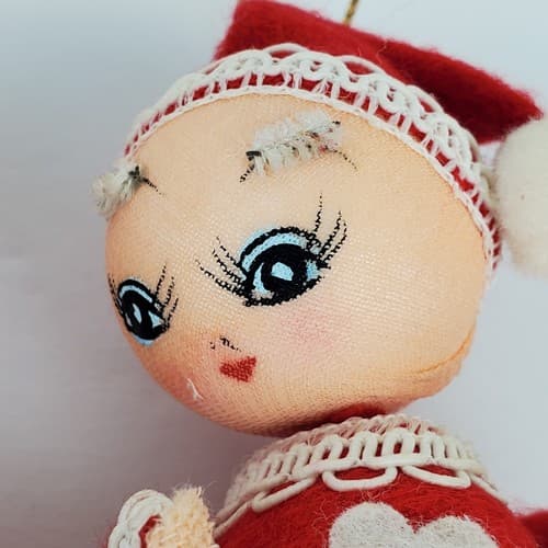 Vintage Mr. & Mrs. Santa Claus Spun Cotton Head Felt Lace Christmas Ornaments - Thumbnail 3