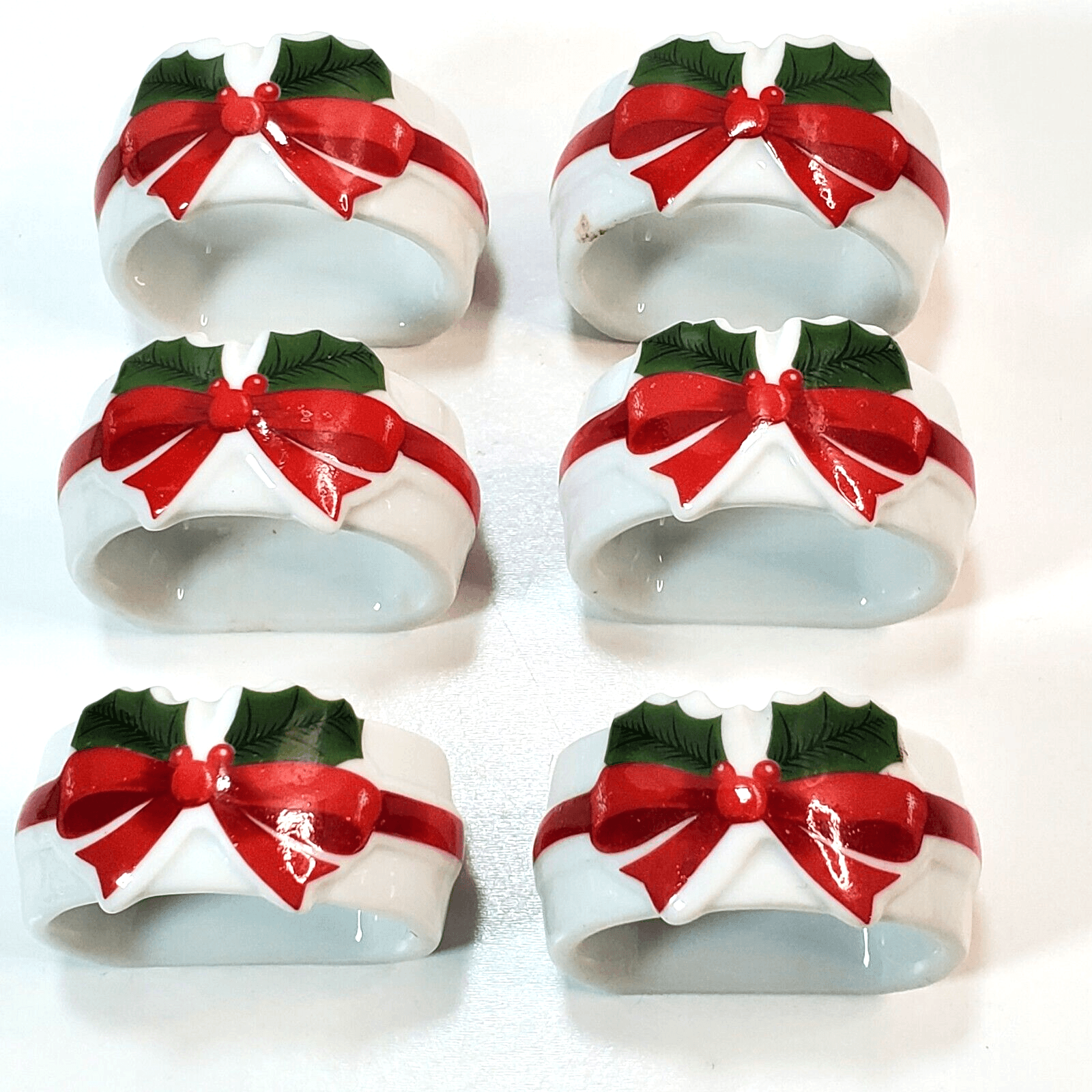 Vtg 1986 Mt Clemens Pottery 6 Ribbon & Holly Porcelain Napkin Ring Holders Japan