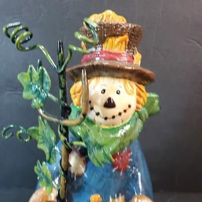Fall Scarecrow Tea Light Votive Candle Holder Glass and Metal Dangle 9.5" Tall - Thumbnail 2