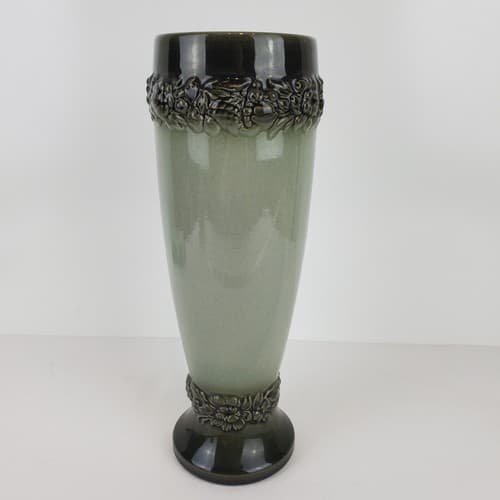Vintage Handarbeit Pottery Painted Green Vase Handmade in Germany Signed 9.5" - Thumbnail 5