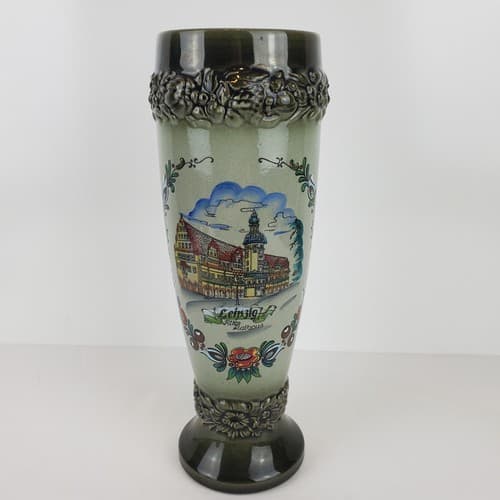 Vintage Handarbeit Pottery Painted Green Vase Handmade in Germany Signed 9.5"