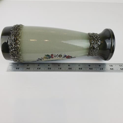 Vintage Handarbeit Pottery Painted Green Vase Handmade in Germany Signed 9.5" - Thumbnail 10