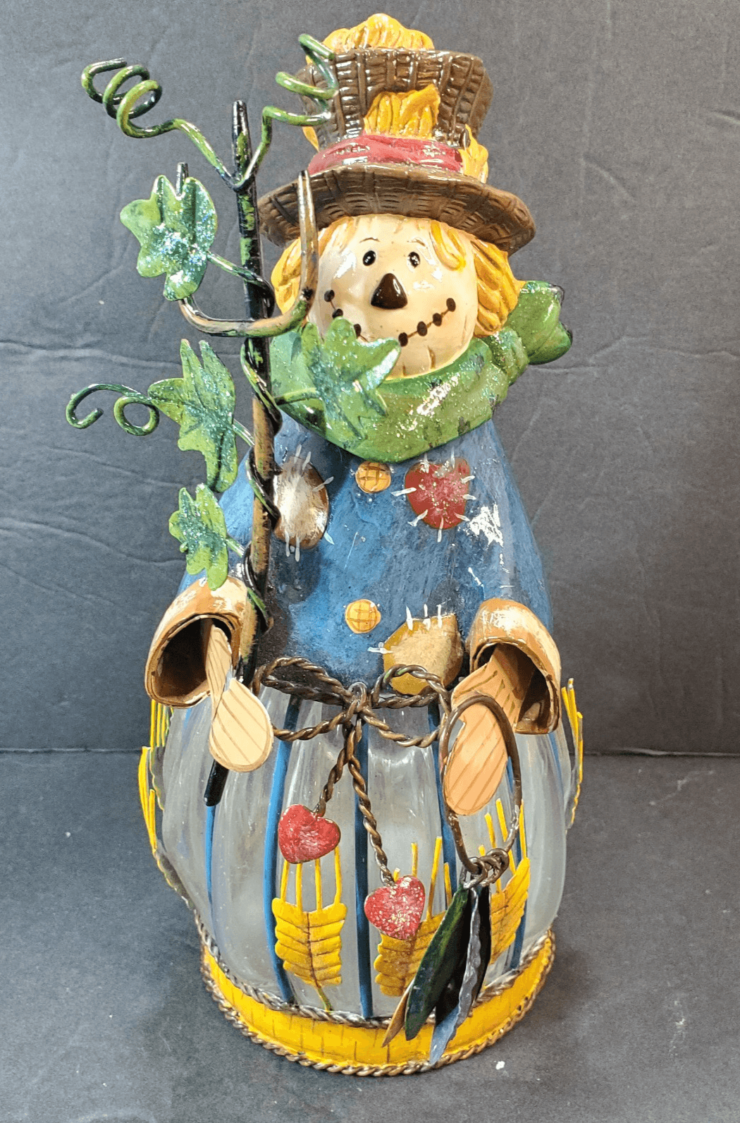 Fall Scarecrow Tea Light Votive Candle Holder Glass and Metal Dangle 9.5" Tall