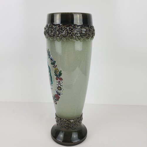 Vintage Handarbeit Pottery Painted Green Vase Handmade in Germany Signed 9.5" - Thumbnail 4