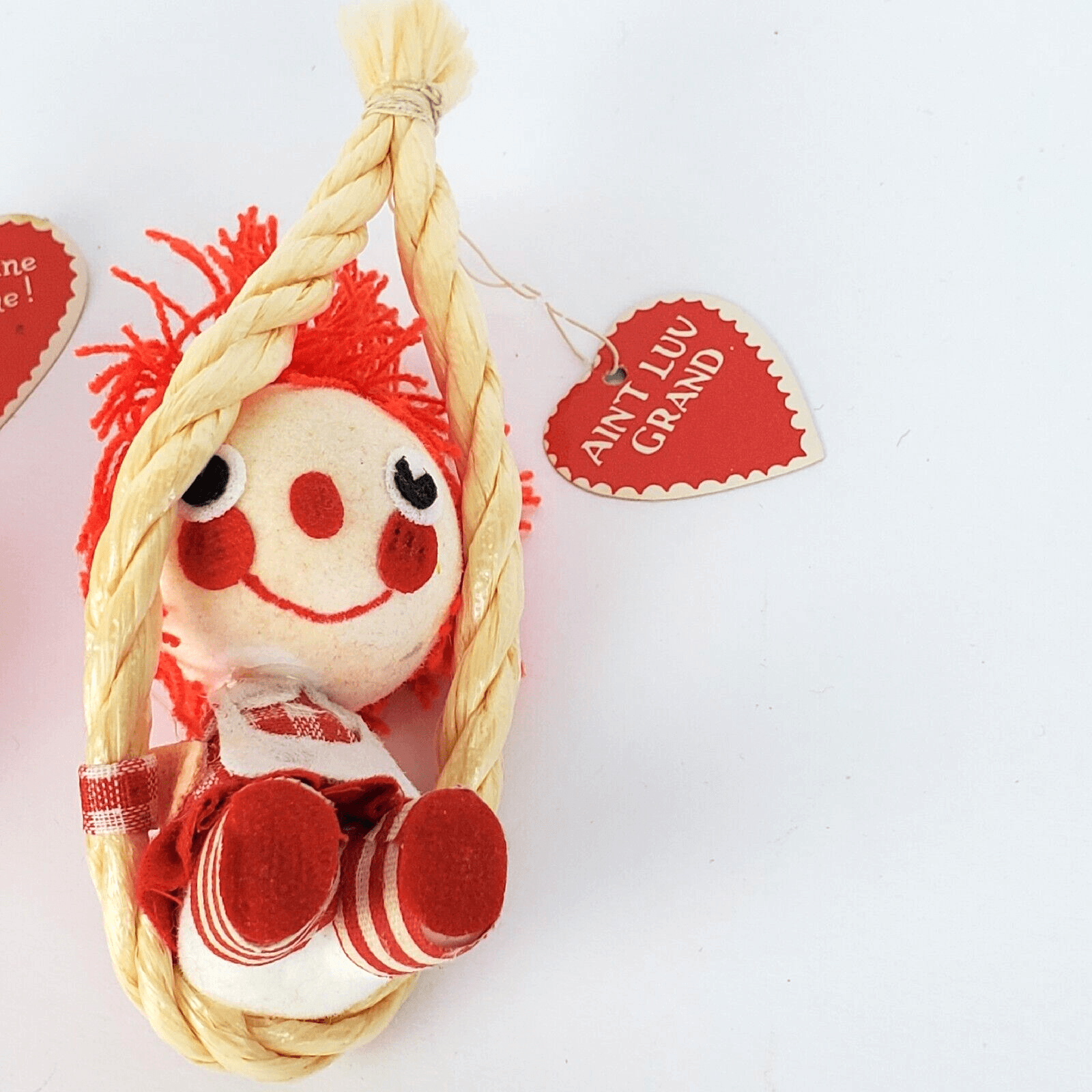 Vintage Boy and Girl Rag Doll on Rope Swings Valentines Ornaments Decor 5" - Thumbnail 2