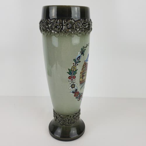 Vintage Handarbeit Pottery Painted Green Vase Handmade in Germany Signed 9.5" - Thumbnail 6