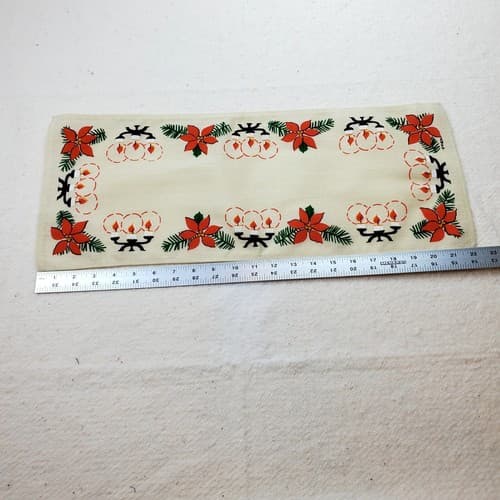 Vintage Woven Textile Poinsettia Candles Dresser Scarf Table Runner 9" x 22" - Thumbnail 4