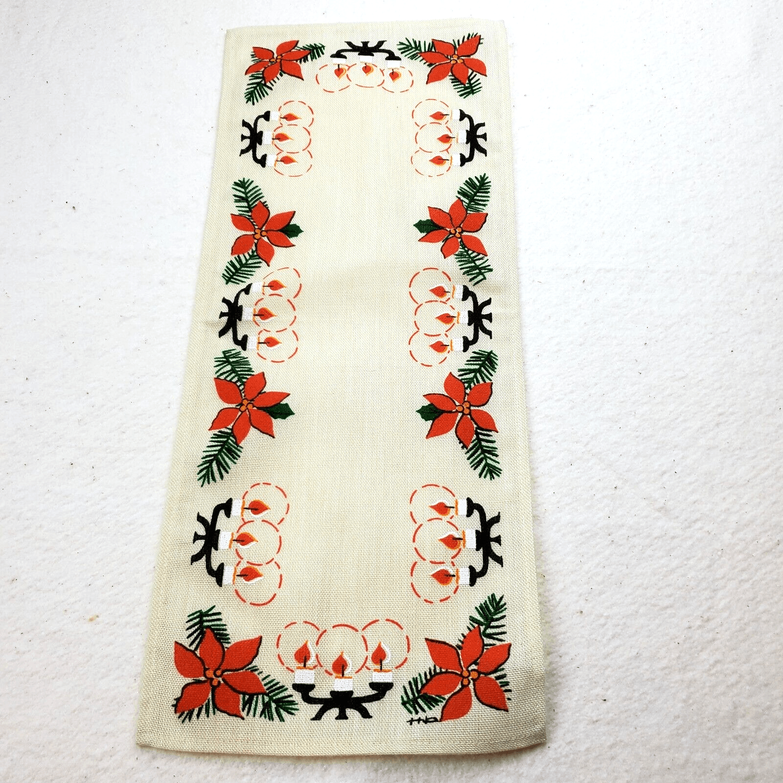 Vintage Woven Textile Poinsettia Candles Dresser Scarf Table Runner 9" x 22"