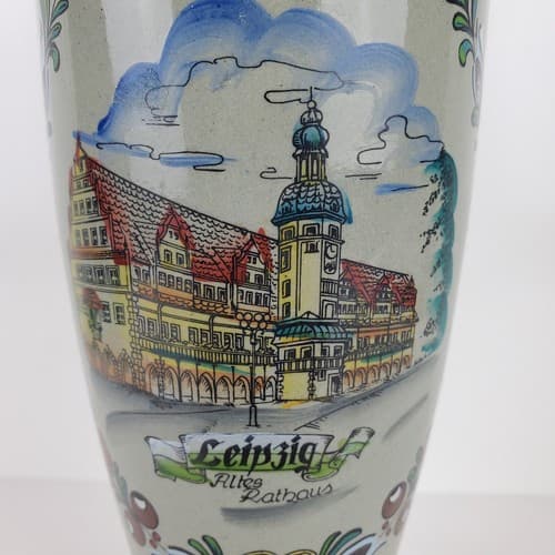 Vintage Handarbeit Pottery Painted Green Vase Handmade in Germany Signed 9.5" - Thumbnail 2