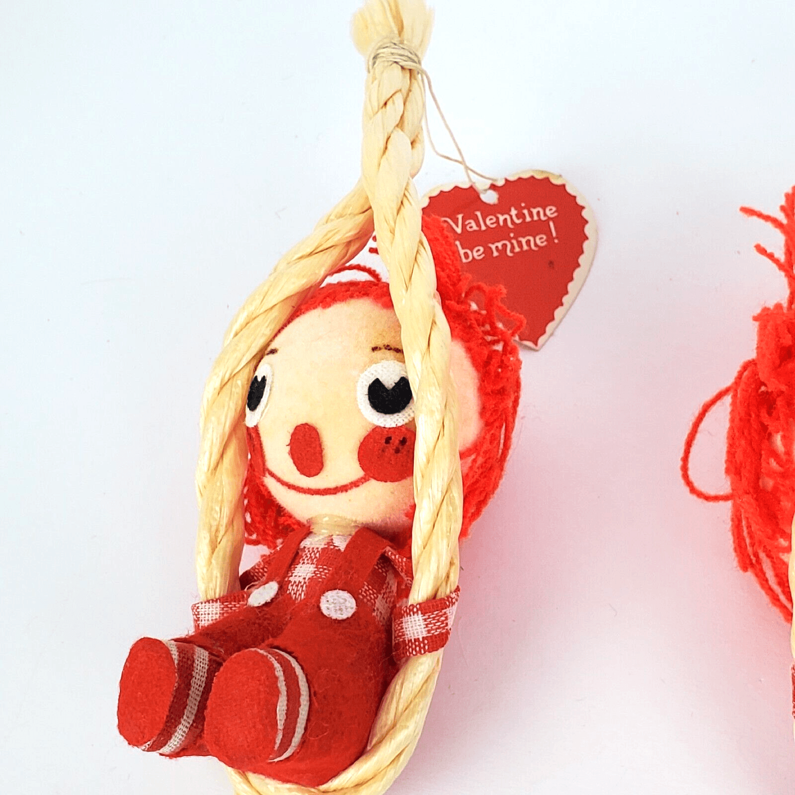 Vintage Boy and Girl Rag Doll on Rope Swings Valentines Ornaments Decor 5" - Thumbnail 3