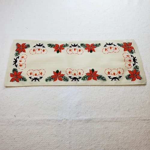 Vintage Woven Textile Poinsettia Candles Dresser Scarf Table Runner 9" x 22" - Thumbnail 3