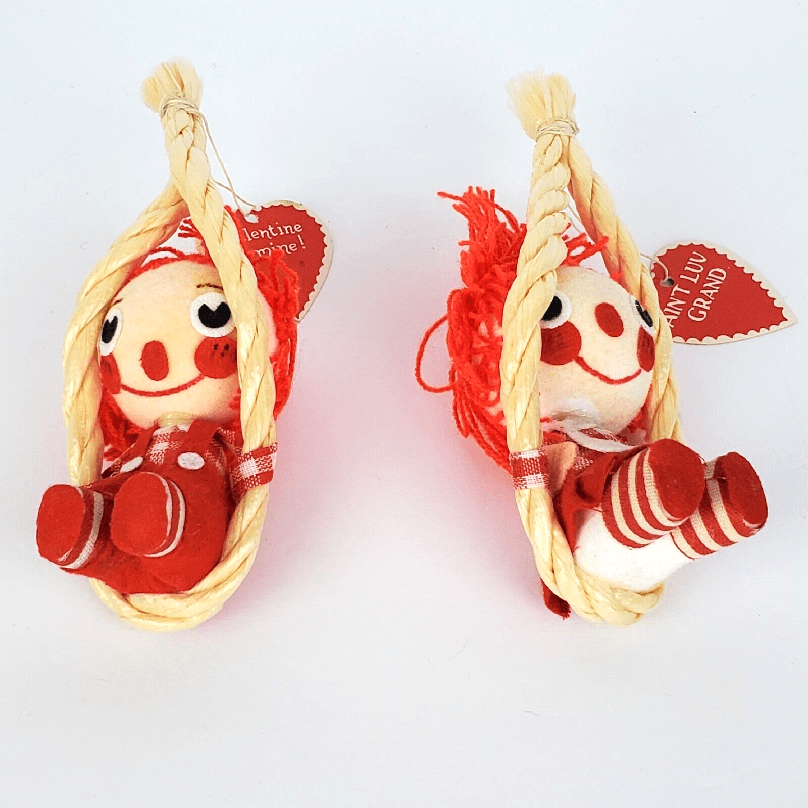Vintage Boy and Girl Rag Doll on Rope Swings Valentines Ornaments Decor 5"
