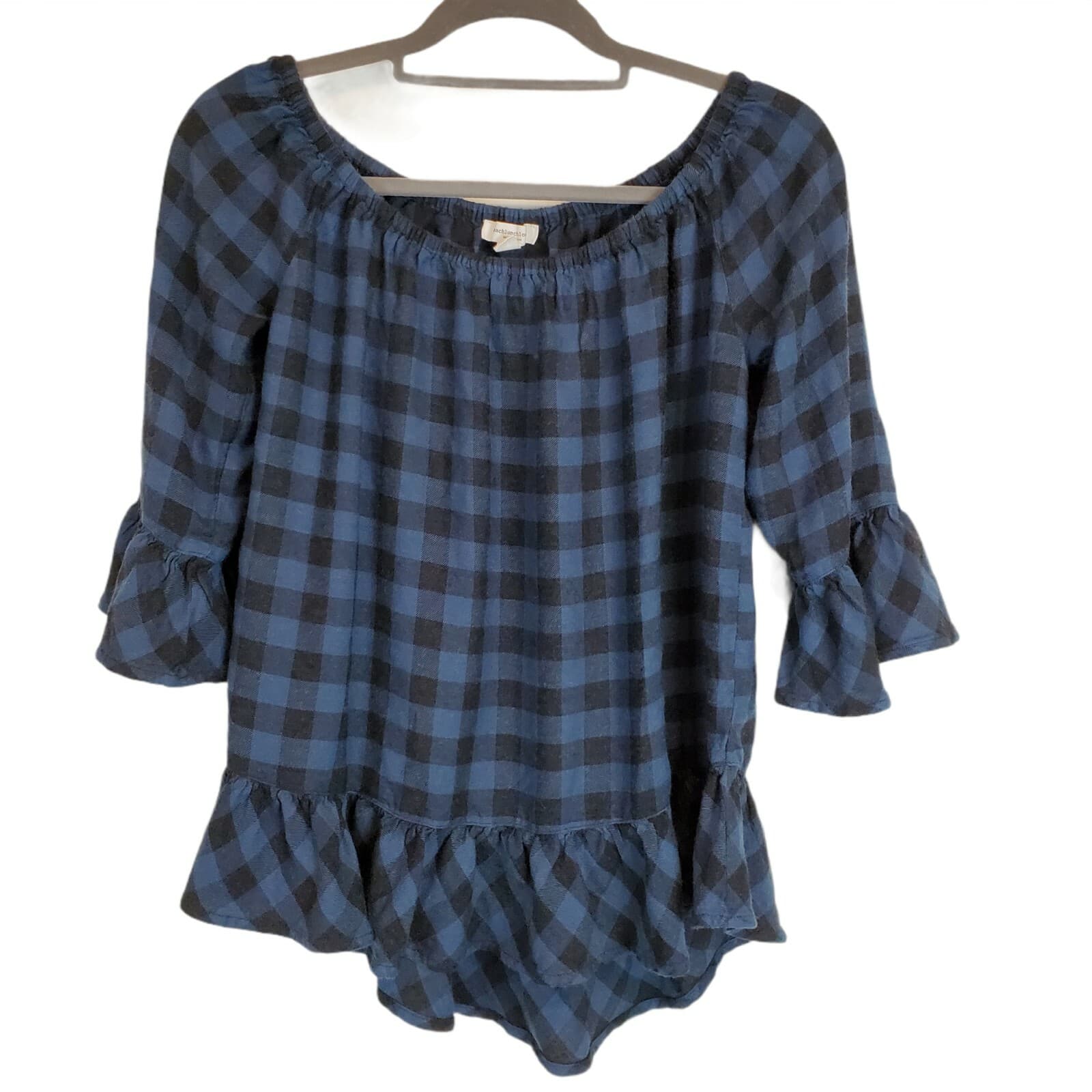 BeachLunchLounge Blue Black Buffalo Plaid Off The Shoulder Ruffle Blouse Sz S/P