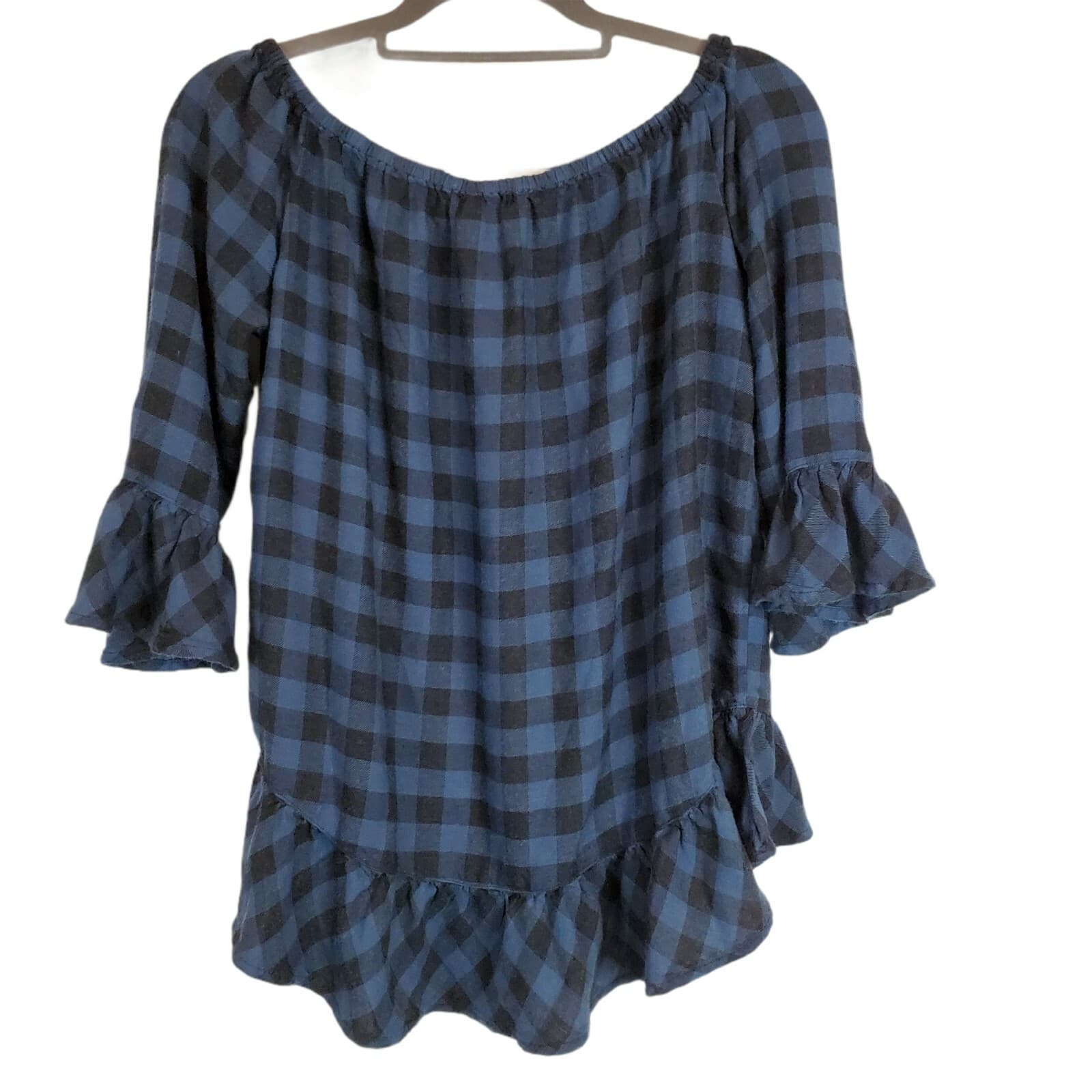 BeachLunchLounge Blue Black Buffalo Plaid Off The Shoulder Ruffle Blouse Sz S/P - Thumbnail 2
